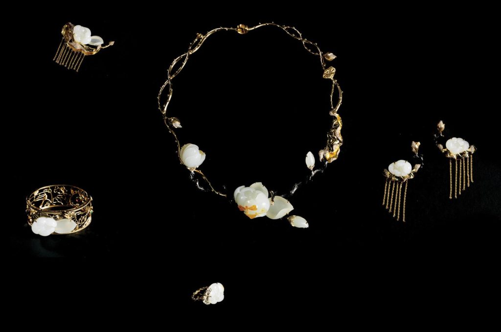 Jade jewelry with gold and diamonds carved by one of the only female master carvers in China, 程磊 [Cheng Lei].