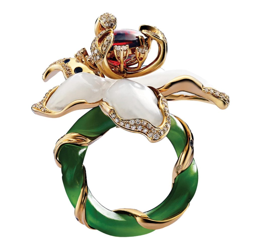 A jade, gold, diamond and ruby ring by 马瑞 [Ma Rui], exemplifying the growing interest in high quality jade jewelry.