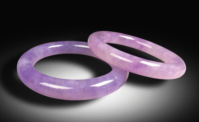 Lavender jadeite bangles from Foshan in China’s Guangdong province. Bangles of this quality fetch tens of thousands of dollars.