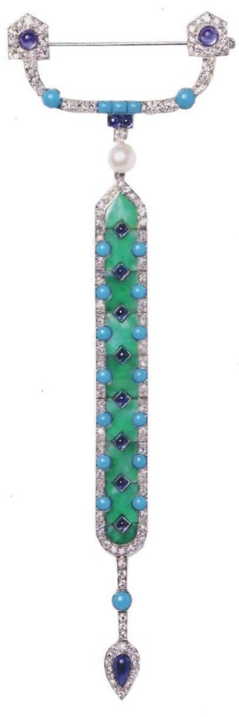 Cartier pendantbrooch, platinum, diamond, sapphire, pearl, turquoise and jadeite, 1913. (Cartier Collection).