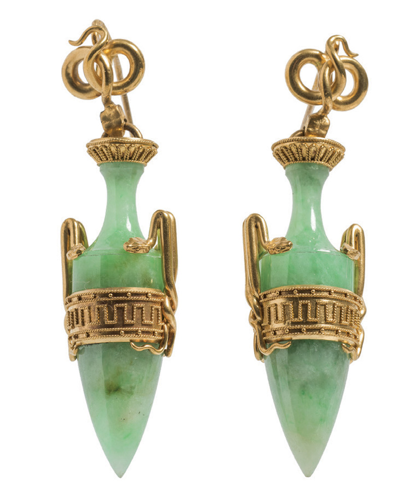 Archaeological style earrings in gold and jadeite by Eugène Fontenay, 1867. Museum of Decorative Arts, Paris.