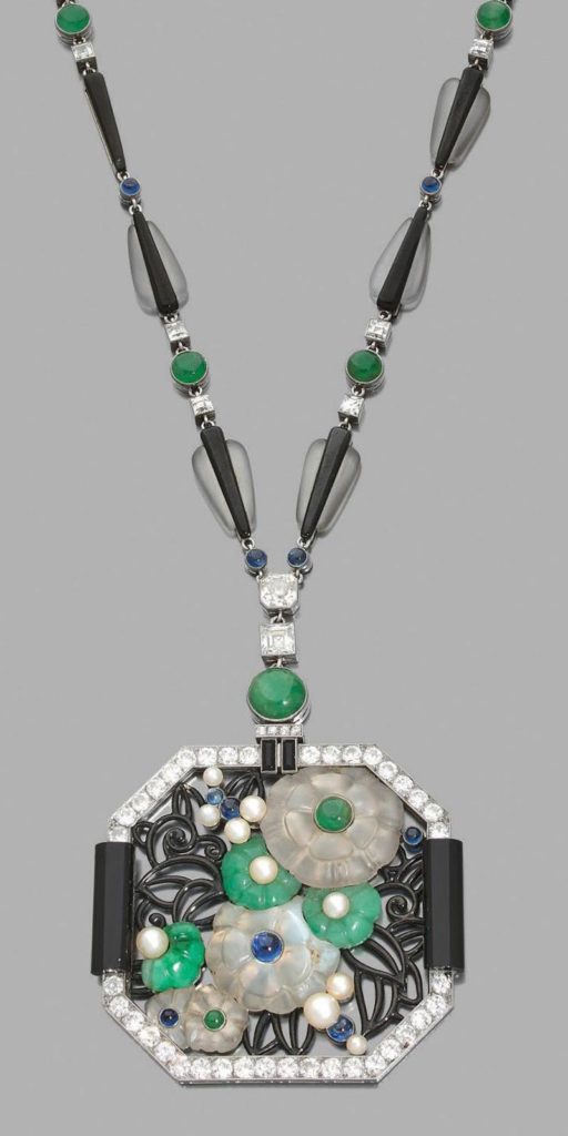 Pendant in platinum, enamel, rock crystal, moonstone, onyx, sapphire, diamond and jadeite by Lacloche, 1925