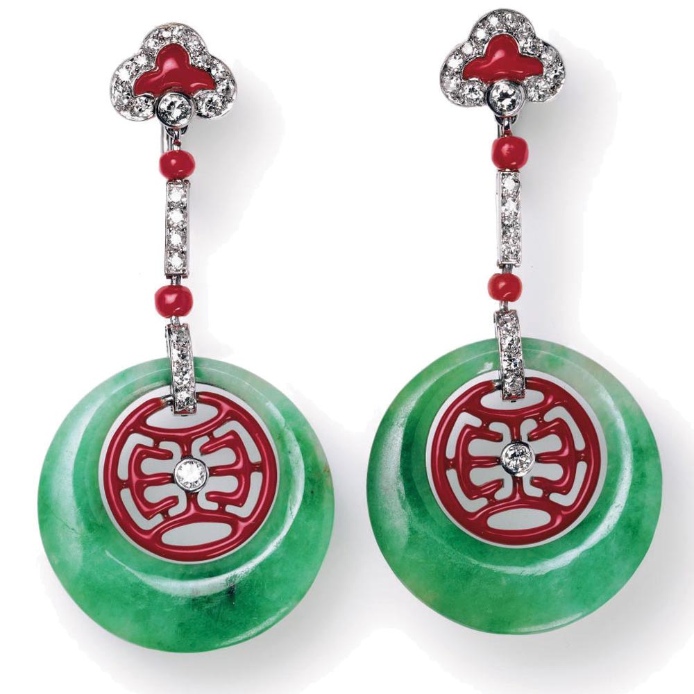 Ear pendants in platinum, enamel, diamond, coral and jadeite, Cartier New York, 1926. (Cartier Collection)