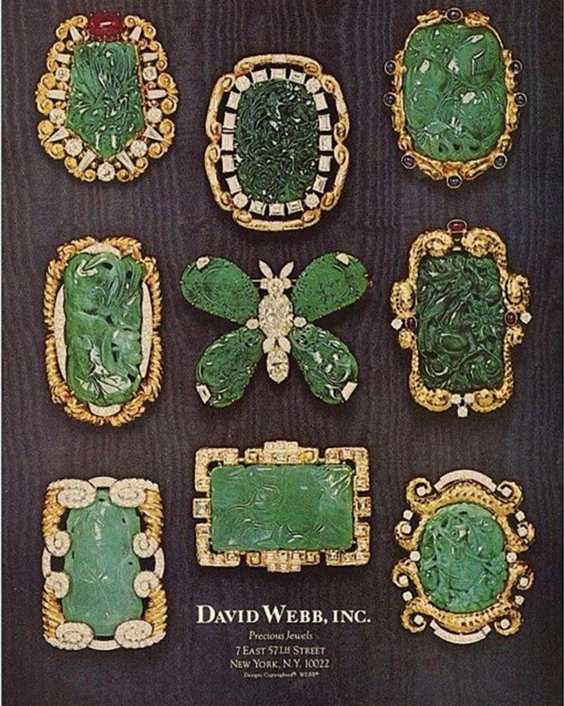 David Webb’s ad displaying a selection of jade brooches in the 1970s.