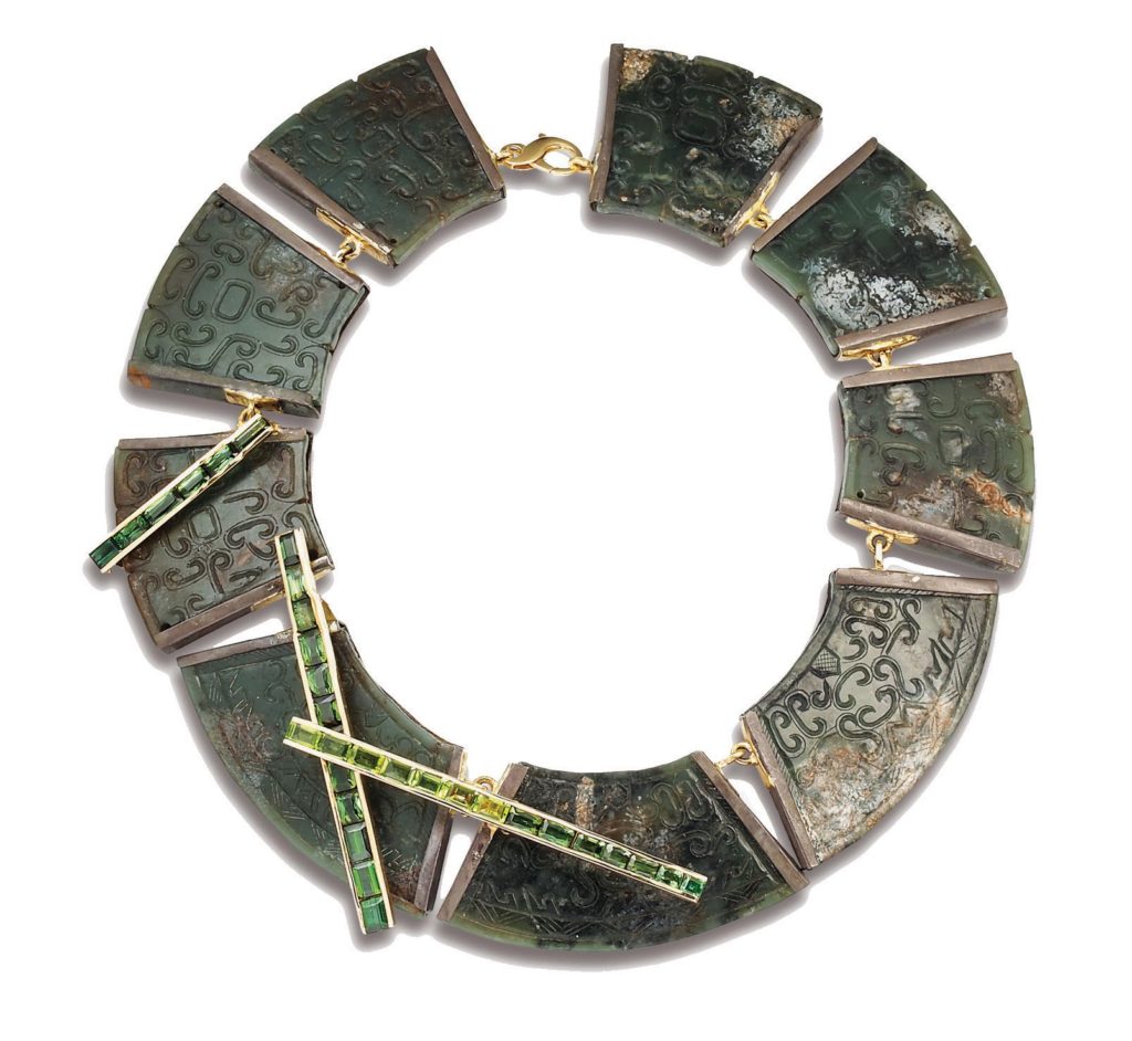 "Amazone" necklace, by Thierry Vendome, made from an antique green nephrite bi disc, with accents of tourmaline and peridot, in silver and gold, 2010.