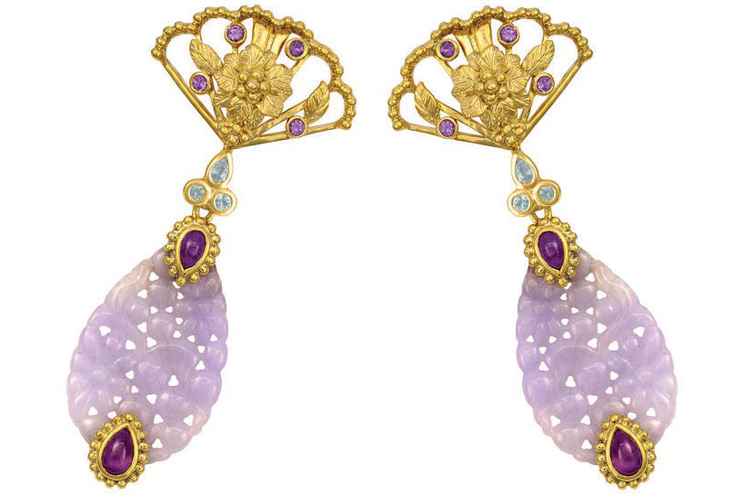 "Empress of Hyacinth" 18K gold earrings featuring lavender jadeite, accented with amethyst and zircons by Crevoshay, 2019.