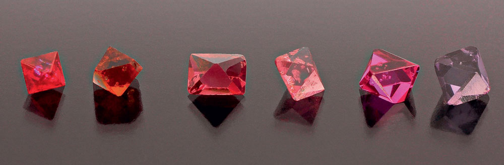 Six Burmese spinel crystals obtained during a trip to Yangon in 2018.