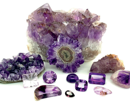 Amethyst’s Regal Allure Different types of amethyst, from 'Rose de France' to lavender to reddish, in rough form and in various cuts and sizes.