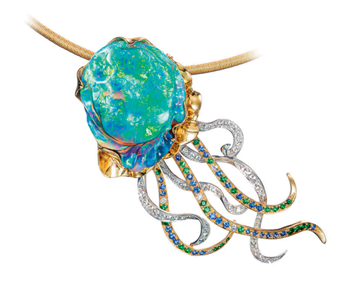 'Medusa’s Sting' pendant with a 39.18-ct Lightning Ridge black opal, carved by Daniela L' Abbate, with brilliant-cut diamonds, sapphires, and tsavorites, set in 18K gold.