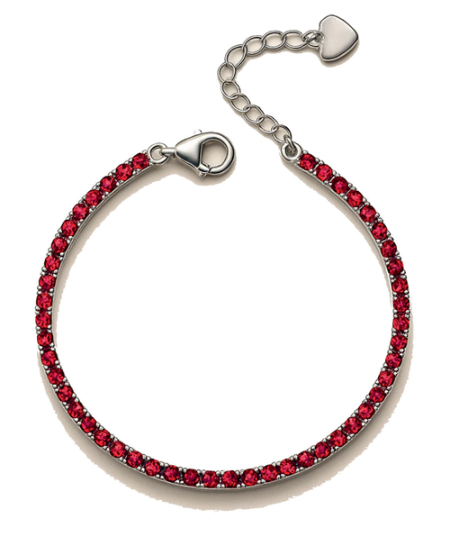 Tennis bracelet featuring rubies set in silver. 