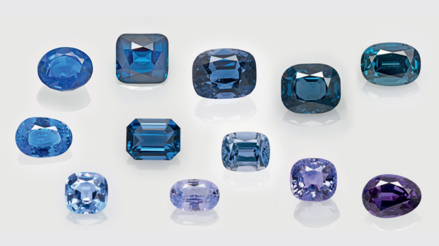 Blue to purple spinel, including those colored predominately by cobalt (left), iron (right), and a combination of both elements (middle).