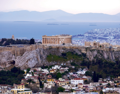 The International Gemmological Conference (IGC) View of the Acropolis of Athens from Mt Lycabettus as well as the Saronic Gulf; in the distance, the Peloponnese. (Photo: George E. Koronaios, Wikimedia Commons, CC BY-SA 4.0.